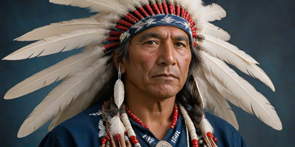 Create a dignified portrait of a Native American man dressed in traditional attire. He wears a beautifully crafted headdress adorned with white feathers and red beads, along with a beaded headband featuring intricate patterns. His clothing includes a deep blue, patterned shirt and a traditional chest piece with detailed beadwork. His arms are crossed, displaying leather armbands decorated with feathers. The background is simple and neutral, emphasizing his proud and stoic expression. The overall image captures the rich cultural heritage and strength of his persona.