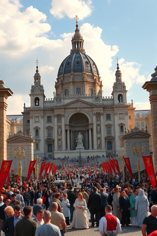 A grand religious gathering, huge statues, grand scenes