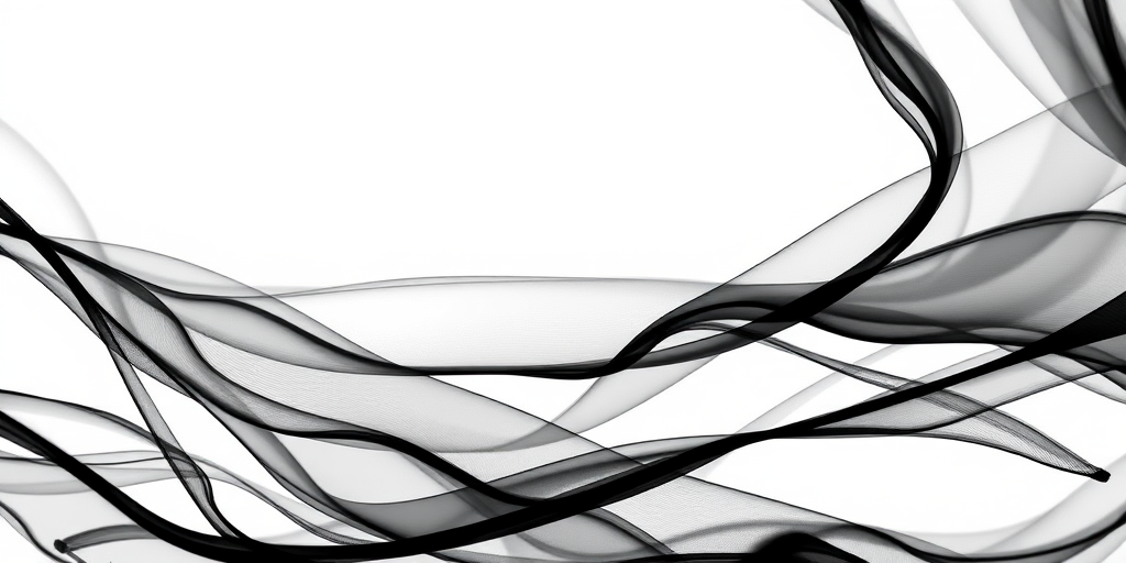 Create an abstract image of black flowing lines and shapes on a white background, captured with a Canon EOS R5, 50mm f/1.2 lens, aperture set to f/4, ISO 100, with a soft focus view, high dynamic range, and natural light.