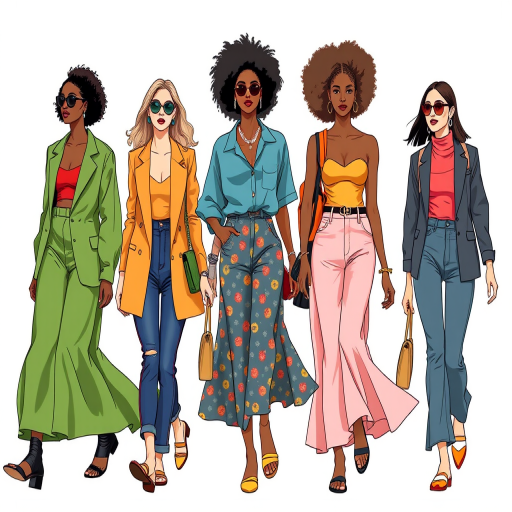 Create a fashion illustration of three diverse women walking confidently, showcasing unique styles and color palettes, captured with a Canon EOS R5, 85mm lens, f/1.8 aperture, and soft natural lighting for a vibrant look.