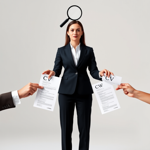 Regenerate the image of a woman in a suit standing with a searching magnifying glass symbol above her and four hands holding CVs, use a Canon EOS 5D Mark IV with a 50mm lens, f/2.8 aperture, ISO 200, natural lighting, and a studio background to enhance image quality.