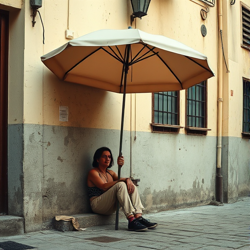 Capture a candid moment of a person sitting against a wall in a vintage urban setting, shaded by a large umbrella, using a DSLR camera with a 50mm lens, aperture set to f/2.8, ISO 100, natural light, with a slight vignette effect to enhance the focus on the subject.