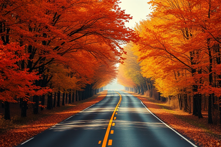 a picturesque road surrounded by vibrant orange autumn trees, soft natural lighting, captured with a Canon EOS R5, 50mm lens, f/1.8, ISO 100, shot from mid-height perspective to enhance depth and detail, with a focus on the vibrant colors and serene atmosphere