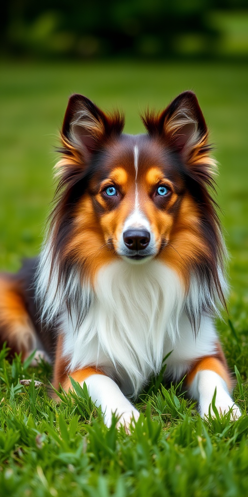 A close-up portrait of a Shetland Sheepdog with striking blue eyes, sitting gracefully on a vibrant green lawn, shot with a Canon EOS R5 at f/2.8, ISO 100, 1/200 sec, using a 50mm lens, in natural light for enhanced clarity and detail.