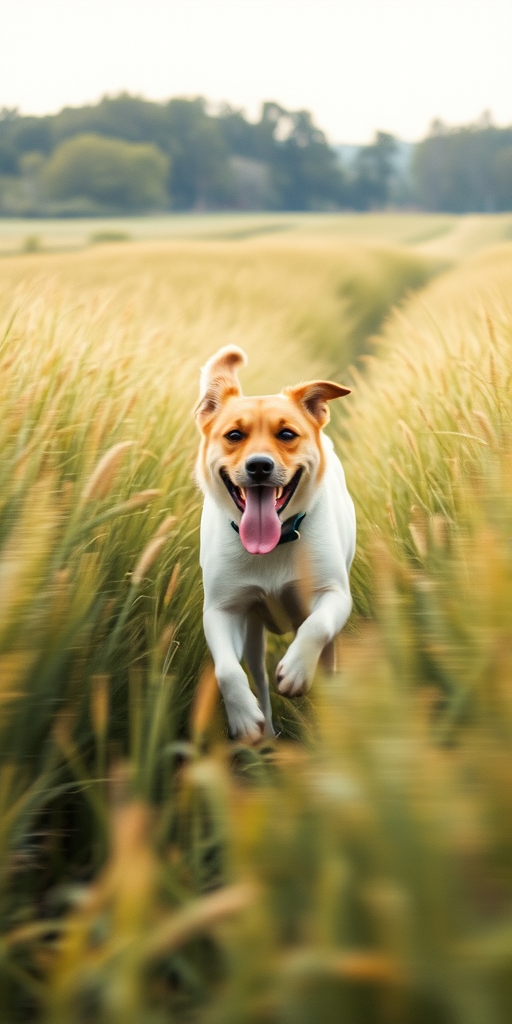 Blurry action shot of a dog running through a field of tall grass, tongue hanging out, soft focus on the motion, distant trees lining the horizon, and the sense of freedom and joy.