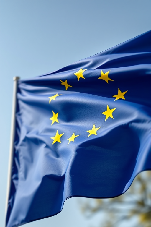 Create an image of the European Union flag waving in the wind, captured with a Canon EOS R6, 50mm lens, f/8 aperture, ISO 100, in natural lighting, with a slight motion blur to emphasize movement.