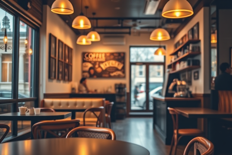 Create a high-resolution image of a cozy coffee shop interior with warm lighting and comfortable seating, using a Canon EOS 5D Mark IV, 50mm lens, aperture f/1.8, ISO 200, natural light, wide-angle view, emphasizing inviting atmosphere and detail in decor.