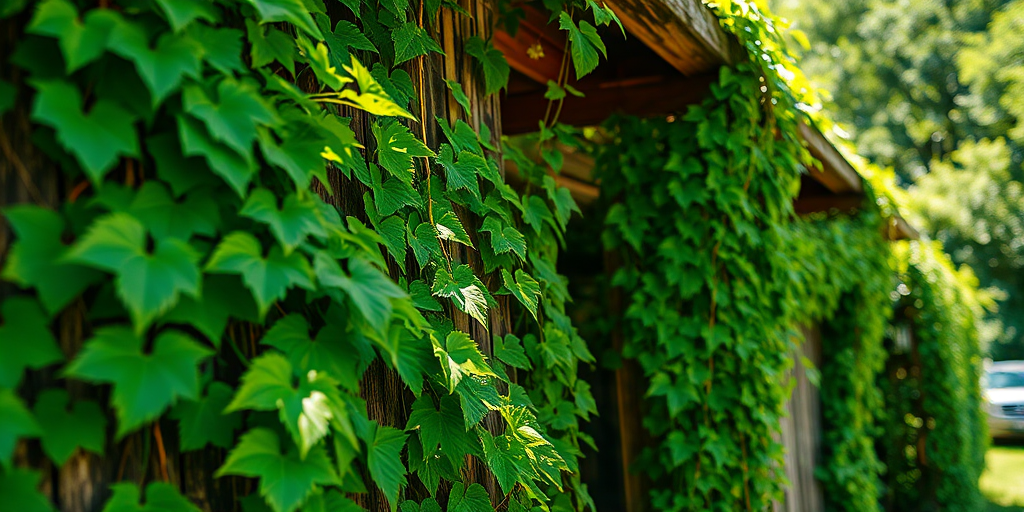 Regenerate the image of lush green vines growing over an old wooden structure with a shallow depth of field, using a DSLR camera set to f/2.8 aperture, ISO 100, and a focal length of 50mm, taken from a low angle view to emphasize the vibrant greenery and natural lighting.