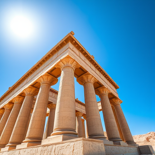 Capture a high-resolution image of the Philae Temple, emphasizing the intricate columns and detailed stonework under a bright blue sky; use a DSLR camera with a 24mm lens at f/8, ISO 100, and a shutter speed of 1/200 sec, taken from a low angle for added depth.