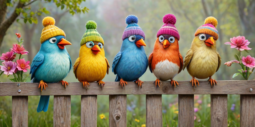 create a scene of 4 quirky  whimsical colourful comical birds each with a funny expression. they are sat on a wooden fence with colourful flowers. they are all different sizes. each one is a different colour  one is wearing a woolly hat. Each one has a different quirky google expression and there is a muted background of trees watercolour paintierly style high definition 8k resolution 3D paper mache