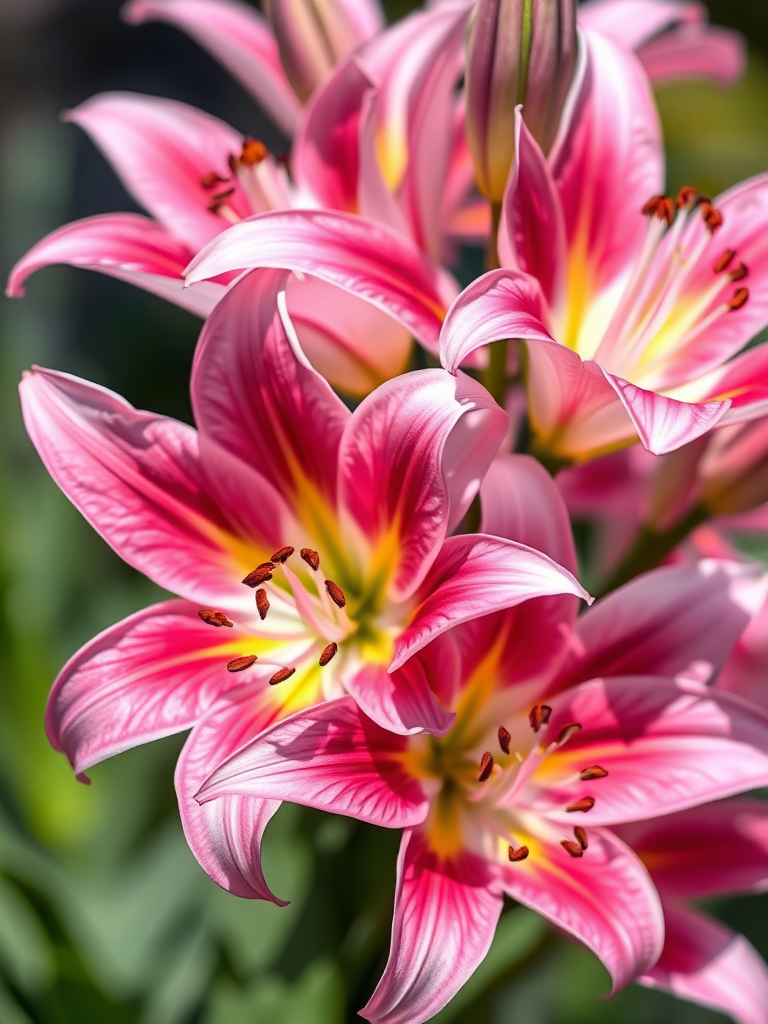 regenerate an image of pink lilies with a focus on vibrant colors and intricate details, use a macro lens at f/2.8 for shallow depth of field, capture in natural light, set ISO to 100 for minimal noise, and use a tripod for stability to enhance overall image quality