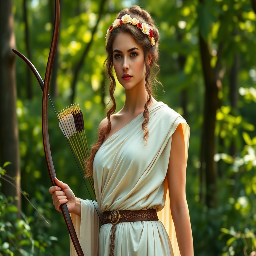 Create a portrait of a goddess-like Coptic girl figure in a tranquil, forested environment. She has an elegant appearance with long, wavy hair styled in an updo and adorned with a delicate, floral headband. She wears a flowing, ancient Greek-inspired gown in a soft, pale color, featuring a one-shoulder design and draped fabric that accentuates her graceful form. The outfit includes a decorative belt with ornate gold detailing, and she holds a bow in her hand, with a quiver of arrows slung over her shoulder. The background depicts lush greenery, with sunlight filtering through the trees, casting a gentle, ethereal light on the scene. Her expression is calm and contemplative, embodying a sense of wisdom and serenity.