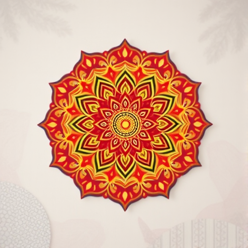 highly detailed circular mandala design with intricate patterns in red and gold colors, soft pastel background with hints of pink and gray, captured using a Canon EOS 5D Mark IV, aperture f/2.8, shutter speed 1/125 sec, ISO 100, wide-angle lens, soft focus style