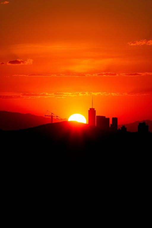 Create a vibrant sunset silhouette of a city skyline with rays of sunlight radiating from the horizon, using a Canon EOS R5, f/8 aperture, ISO 200, 24mm focal length, in a wide-angle view, capturing rich colors and sharp details.