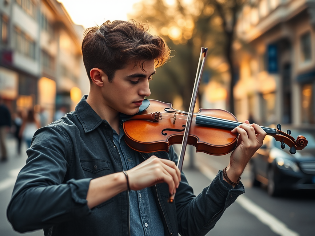 Regenerate the image of a young man playing the violin on a city street, using a Canon EOS R5 camera with a 50mm lens at f/1.8, ISO 100, shutter speed 1/200s, in soft natural light during golden hour, shot from a low angle to emphasize depth and focus on the musician while blurring the background.