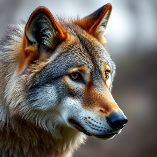 Create a realistic portrait of a wolf's head with intricate fur details and expressive eyes, shot with a Canon EOS R5 at f/2.8, ISO 100, 85mm lens, shallow depth of field, and soft natural lighting to enhance texture and color vibrancy.