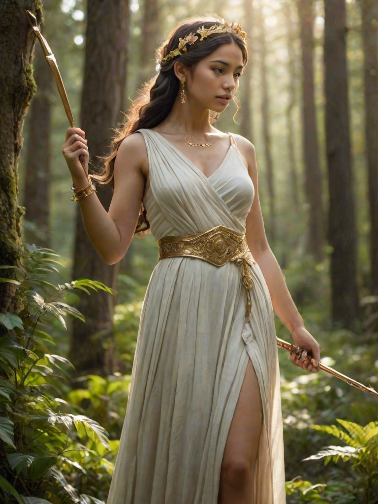 Create a portrait of a goddess-like Aymara girl figure in a tranquil, forested environment. She has an elegant appearance with long, wavy hair styled in an updo and adorned with a delicate, floral headband. She wears a flowing, ancient Greek-inspired gown in a soft, pale color, featuring a one-shoulder design and draped fabric that accentuates her graceful form. The outfit includes a decorative belt with ornate gold detailing, and she holds a bow in her hand, with a quiver of arrows slung over her shoulder. The background depicts lush greenery, with sunlight filtering through the trees, casting a gentle, ethereal light on the scene. Her expression is calm and contemplative, embodying a sense of wisdom and serenity.