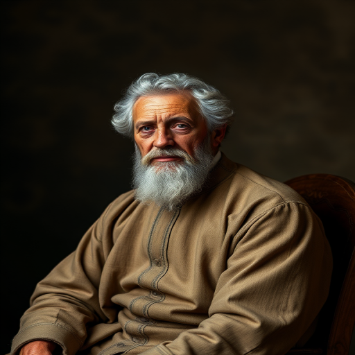 Regenerate the image of a historical figure sitting for a portrait, using a Canon EOS R5 camera, 50mm lens, f/1.8 aperture, ISO 100, with soft, diffused lighting to enhance details and texture.