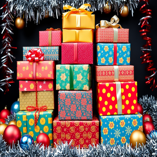 Generate an image of a colorful collection of wrapped gifts stacked together. The presents should feature various patterns and vibrant colors like red, yellow, and blue. Include decorative elements such as ribbons and bows on the gifts. Surround the presents with festive decorations like tinsel and shiny ornaments to create a joyful holiday atmosphere.
