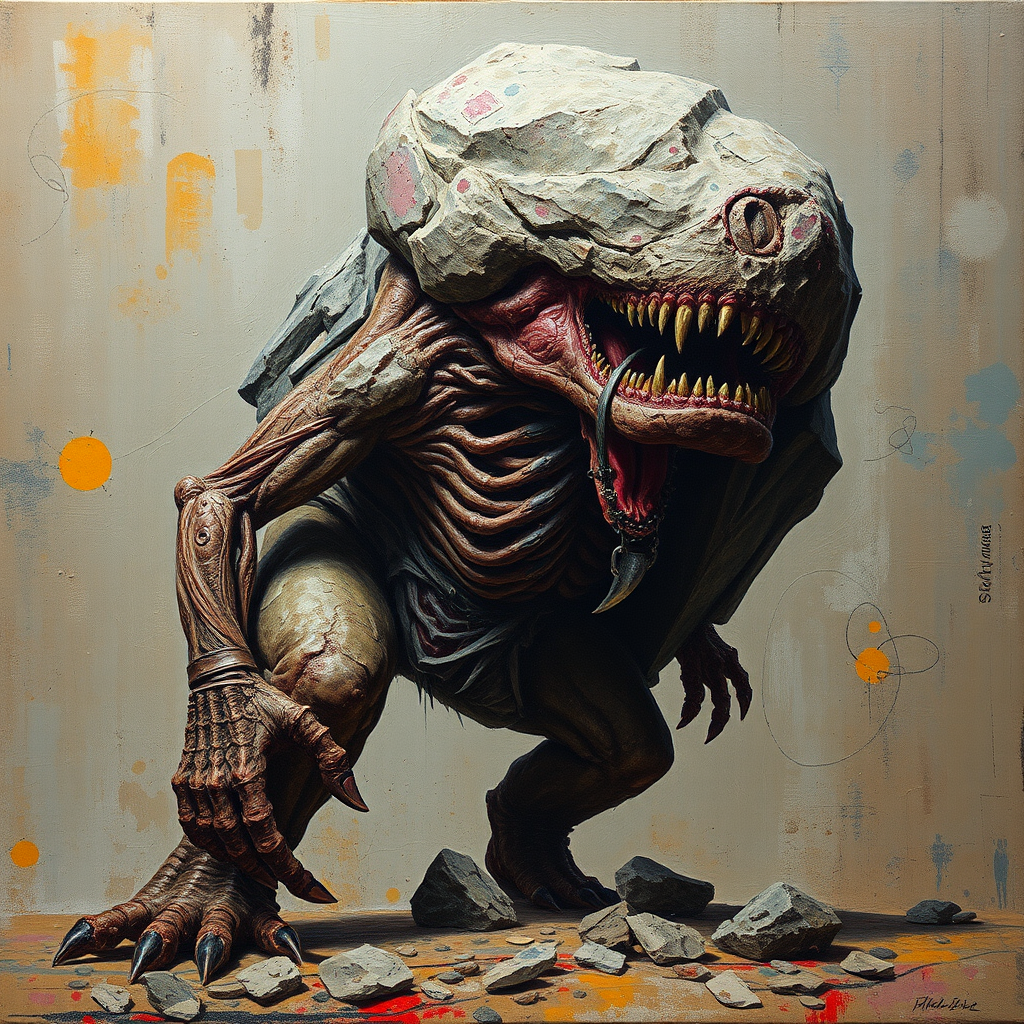 A detailed and anatomically presented mr stone-eater stands and bites into a huge boulder. surreal abstract art, grunge oil colors on canvas, textured background