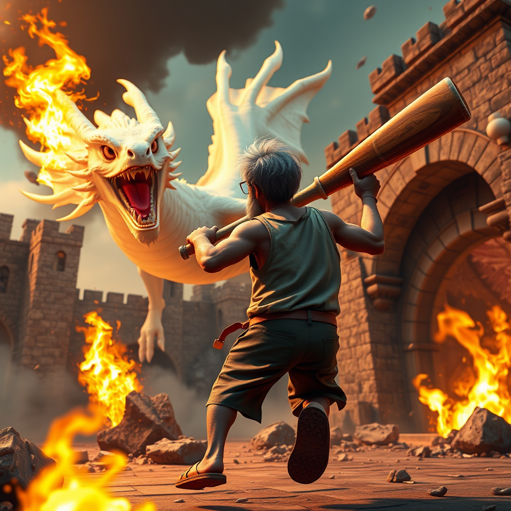 Cartoon 3D High-Resolution,dynamic battle scene using Unreal Engine 5 and Octane Render. The scene features back of an elderly, thai man with a beard,messy hair and round golden-rimmed glasses. He is wearing a tattered tank top with soot marks, shorts, and sandals. sweating. he wields a baseball bat. He jump to fight with a white fire-breathing Europe dragon amidst a partially destroyed stone castle. Include intense flames, smoke, and debris to enhance the dramatic effect.