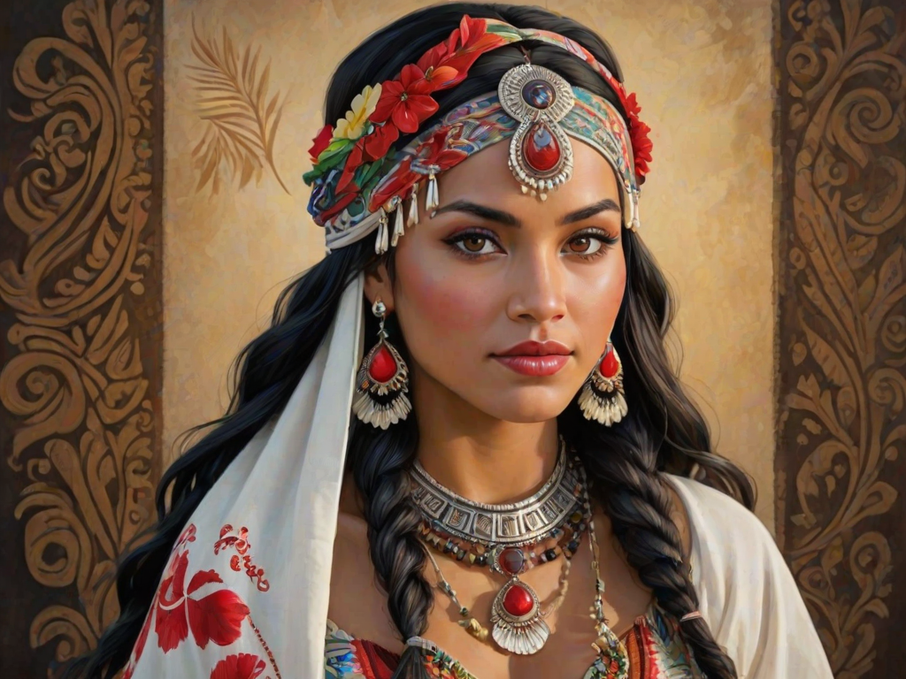 Create a portrait of a beautiful Polynesian woman with striking red eyes and a gentle expression. She is adorned in traditional attire with intricate patterns, including a richly embroidered headscarf and matching garments. Her jewelry includes a delicate headpiece, dangling earrings, and ornate bracelets, all featuring vibrant gemstones and detailed metalwork. The background is soft and warm, enhancing the rich colors of her outfit and jewelry.