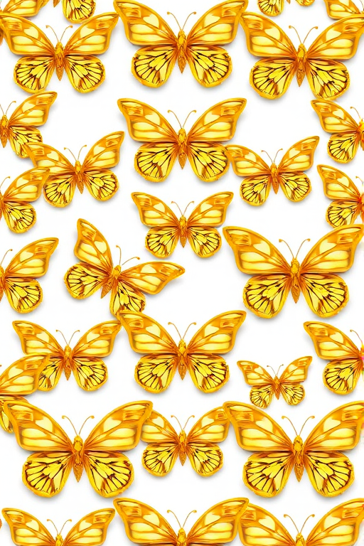 Create a pattern of golden butterflies arranged in a grid format. The butterflies should have intricate designs, showcasing their wings with detailed patterns. Use a white background to enhance the golden color of the butterflies, ensuring a clean and elegant look.