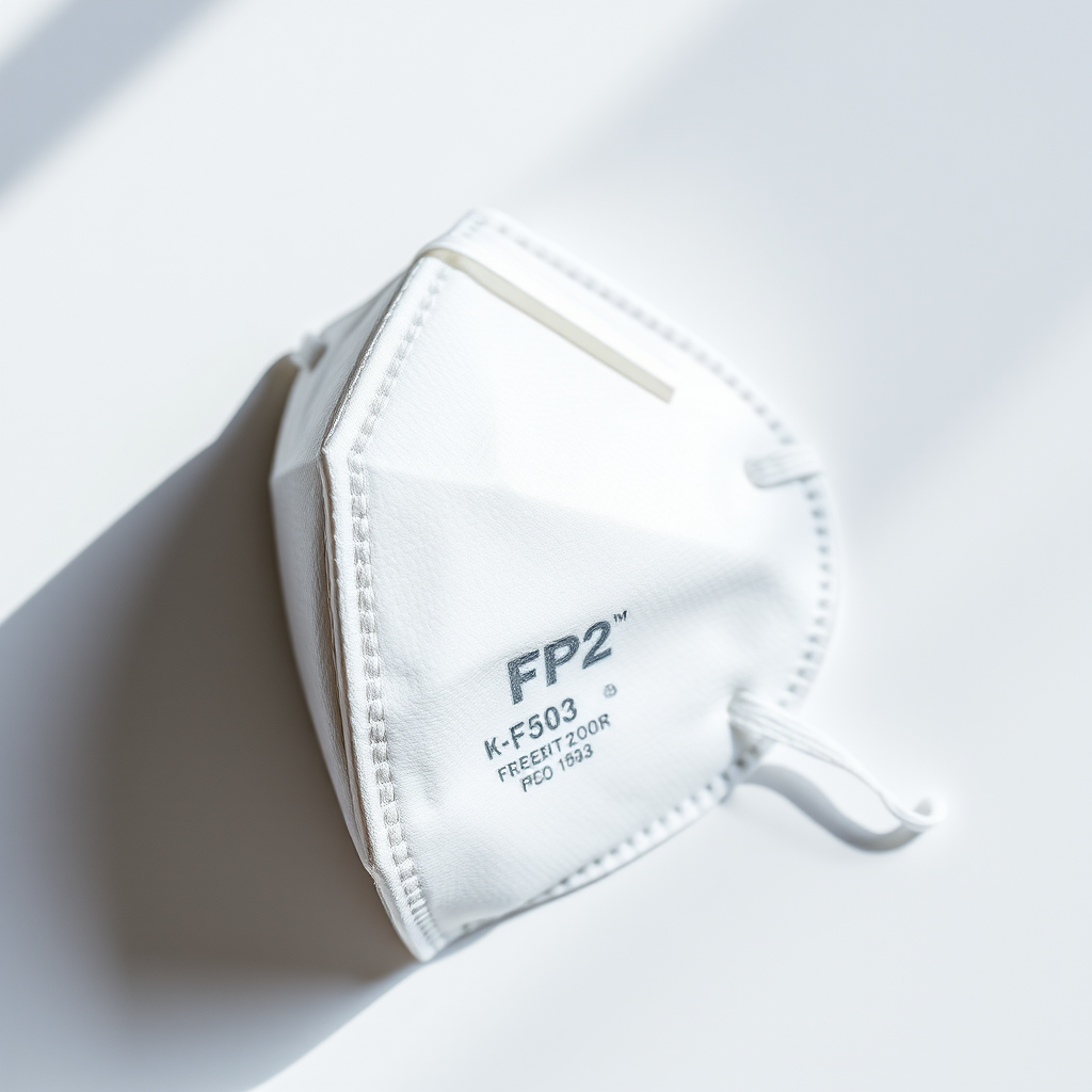 Create a detailed, high-resolution image of an FFP2 mask on a plain background, using a macro lens at f/2.8, ISO 100, shutter speed 1/250 sec, with soft natural lighting to enhance texture and details.