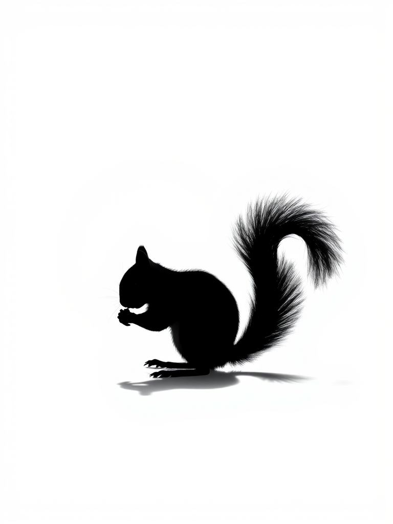 Create a high-resolution silhouette of a squirrel on a white background with soft natural lighting, using a DSLR camera at f/2.8 aperture, ISO 100, 50mm lens, and a side view perspective to capture fine details.