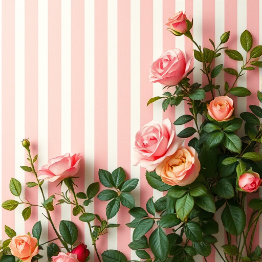 Create a vintage floral wallpaper scene featuring lush roses and greenery framed by soft pink striped background, using a DSLR camera at f/2.8 aperture, ISO 100, 50mm lens, with a shallow depth of field for enhanced detail and texture.