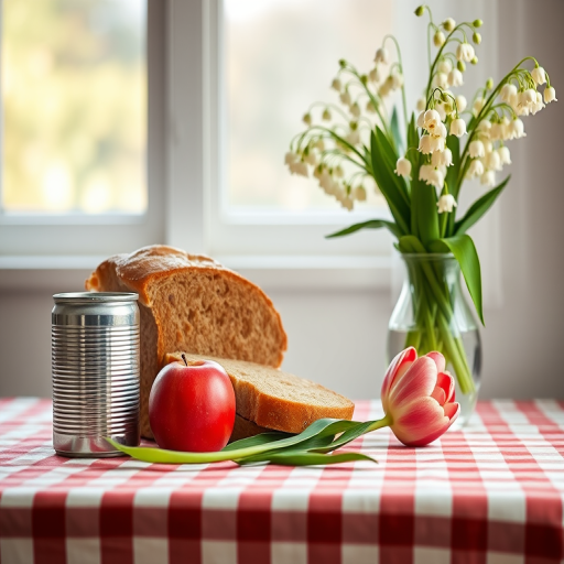 Capture a still life scene featuring a loaf of bread, a can, a red apple, a tulip, and a vase of lilies of the valley on a checkered tablecloth near a window with soft natural light, using a DSLR camera with a 50mm lens, aperture f/1.8, ISO 200, and a shutter speed of 1/200 sec for enhanced depth of field and clarity.