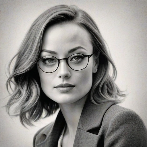 Enchanting Olivia Wilde, pencil sketch, portrait of Splendid woman 1930s in glasses, hair style beatnik, outline, clear lines, fine lines, 8k