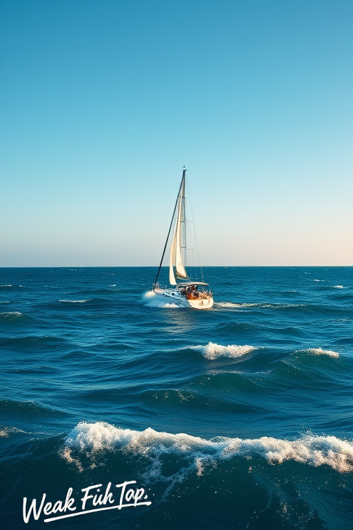 sailboat on ocean during daytime with large waves, captured with a DSLR camera at f/8 aperture, 1/250 shutter speed, ISO 100, using a wide-angle lens to enhance depth, in a vibrant color palette for clarity and detail