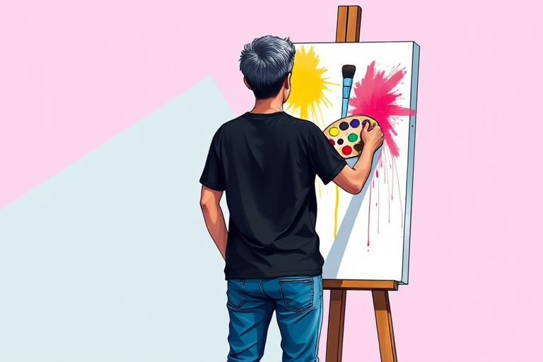 Create an illustration of a person painting on a canvas, viewed from behind, wearing a black t-shirt and blue jeans, holding a palette with multiple colors, in a bright and vivid color palette, using a digital art style with high resolution, 300 DPI, and a focus on vibrant details and clean lines.