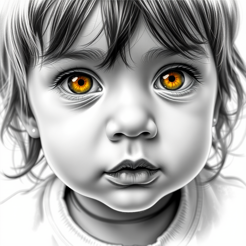 A hyperdetailed photorealistic black and white sketch of a beautiful toddler with deep Yellow eyes, with a macro focus