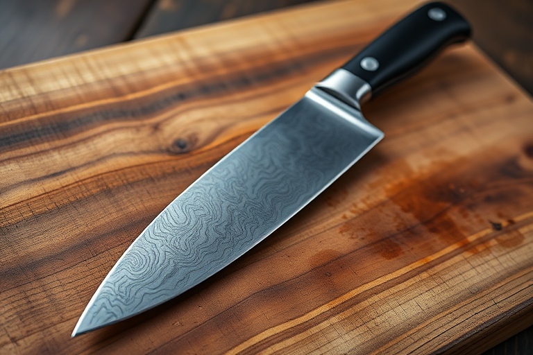 Create a high-resolution image of a damascus steel chef's knife on a textured wood cutting board, using a DSLR camera with a 50mm lens at f/2.8, ISO 100, and a low angle view to emphasize the blade's details and patterns.