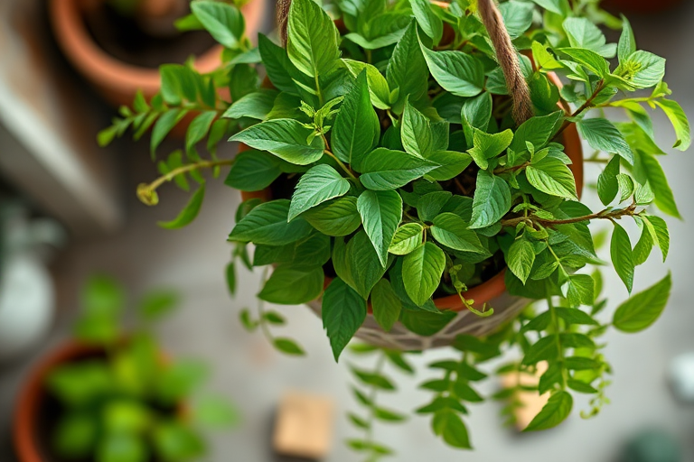 Regenerate a lush green hanging plant in a decorative pot, captured with a Canon EOS 5D Mark IV, 50mm lens, aperture f/2.8, ISO 100, natural lighting, top-down view, with a focus on vibrant foliage and detailed textures.