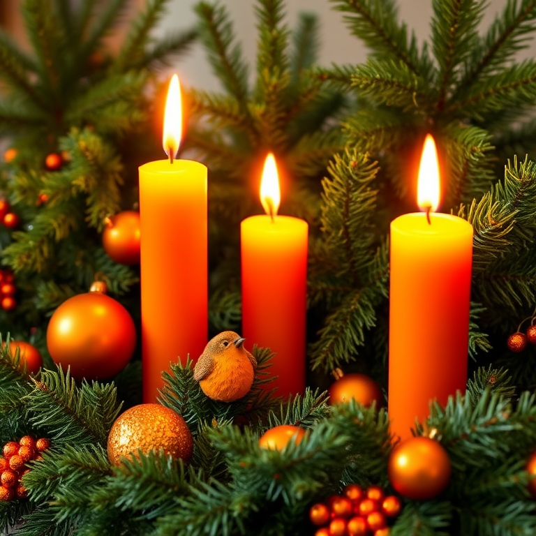 Create a cozy holiday scene featuring three lit orange candles surrounded by lush greenery. Include decorative elements like shiny orange ornaments and a small, colorful bird nestled among the foliage. Emphasize warmth and festivity in the arrangement.