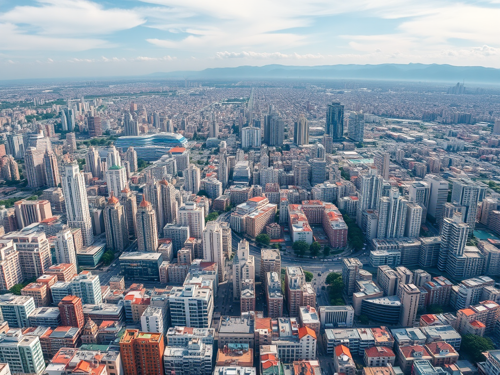 Generate a high-resolution aerial view of a dense urban landscape, capturing a sprawling city with numerous high-rise buildings, mountains in the background, taken with a DSLR camera at f/8 aperture, ISO 100, 1/200 sec shutter speed, using a 24mm wide-angle lens.