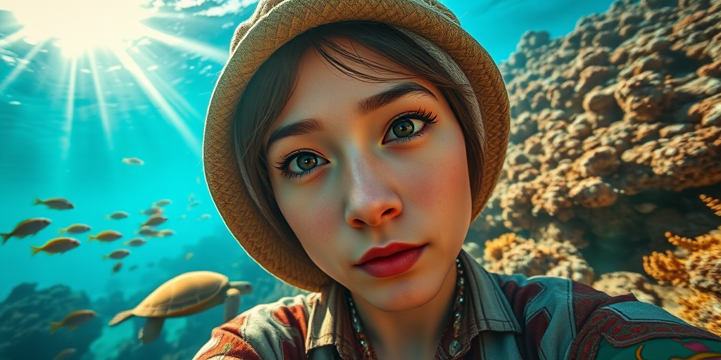 Realistic selfie image of a Kyrgyz, wearing a vintage outfit, detailed dreamy eyes, droopy hooded eyes, staring at the camera, taken underwater at coral reef with a sunbeam filtering through the water, vibrant, summer vacation, natural lighting, turtle and school of tropical fish with vibrant colors, rendered in the style of CryEngine, Pegi Nicol MacLeod, with realistic genre scenes, hauntingly beautiful narratives, ultra-realism, and Thomas Saliot's close-up technique, 8K resolution, crystal clear and sparkling water.