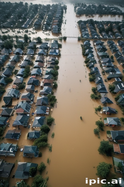 Devastating Aerial View of Flooded Residential Area After Heavy Rainfall