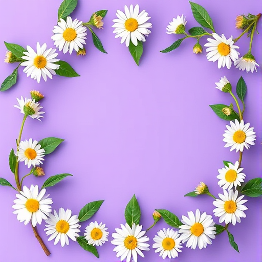 Generate an image of a decorative floral frame featuring white daisies and green leaves on a vibrant purple background with an empty central area, using a DSLR camera set to f/2.8 aperture, ISO 100, 50mm lens, and a shallow depth of field for a soft background blur.