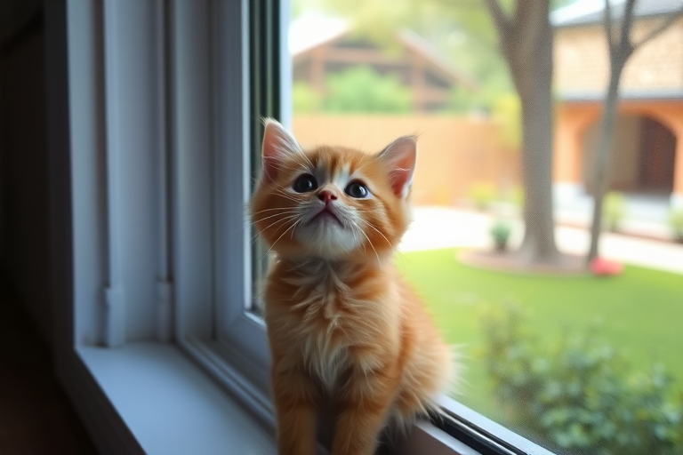 A fluffy orange kitten sitting by a window with a curious expression looking up, surrounded by a garden with trees and buildings in the background, natural light illuminating the scene, soft focus on the surrounding area.