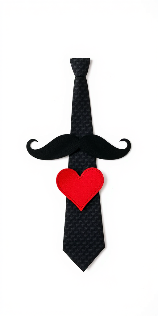 Create a minimalist illustration featuring a black mustache, a red heart, and a black tie on a white background, using a Canon EOS R5 camera with a 50mm lens, aperture set to f/1.8 for shallow depth of field, shooting in RAW format with natural lighting for enhanced detail and color richness.