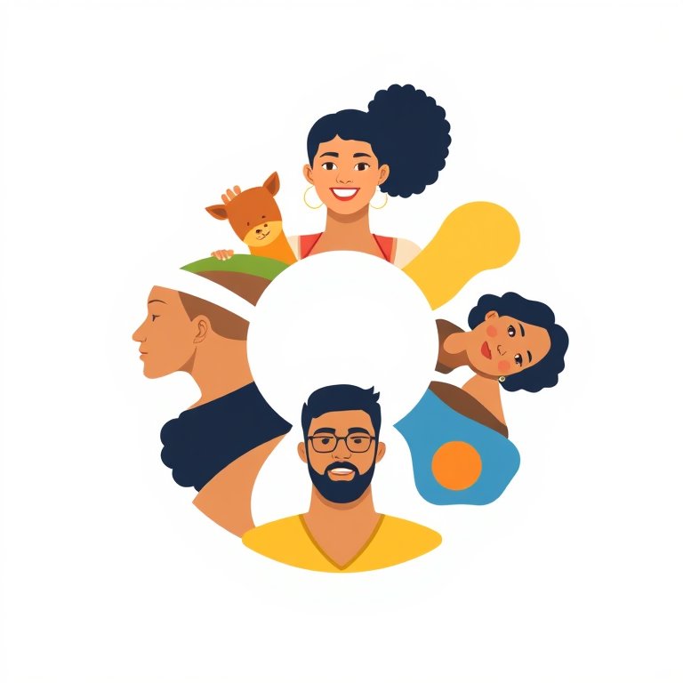 Create an illustration of six diverse human figures in a circular layout, using bold colors and simplistic designs, with a clean white background, captured with a Canon EOS R5 at f/4, ISO 100, and a 50mm lens for sharp detail and vibrant colors, in a flat design style.