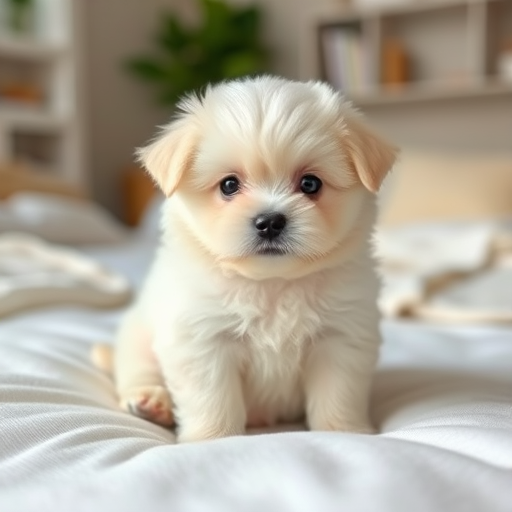 Cute fluffy white puppy with round body and big black eyes sitting on a soft white surface in a cozy indoor setting.