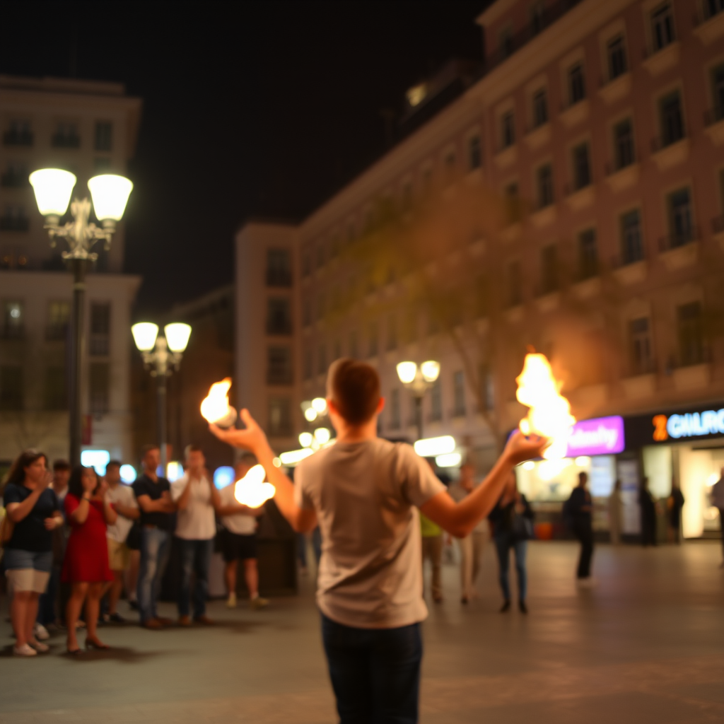 Blurry candid shot of a street performer juggling fire in a city square at night, soft golden light from nearby streetlamps casting long shadows, with distant onlookers cheering and colorful neon signs barely visible.