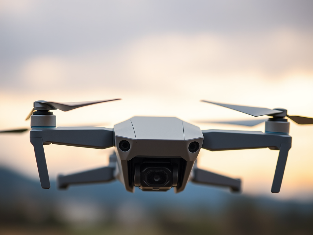 Generate a high-resolution image of a sleek, modern drone from a slightly elevated angle, using a DSLR camera with a 50mm lens at f/2.8, ISO 100, and a shutter speed of 1/250 seconds, ensuring sharp focus and vibrant colors against a soft blurred background.