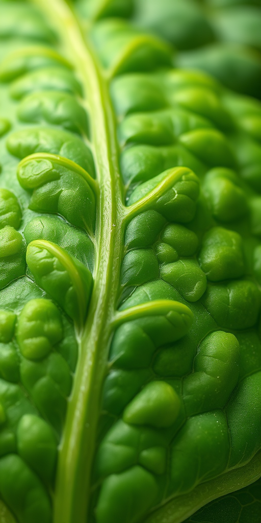 High-resolution digital illustration of a leafy green vegetable, macro view, 50mm lens, f/2.8 aperture, ISO 100, soft natural lighting, high contrast for texture detail.