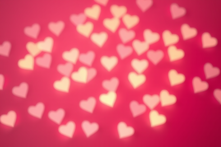 Create a soft-focus background with scattered glowing hearts in varying sizes and brightness on a vibrant pink backdrop, using a shallow depth of field, f/2.8 aperture, ISO 100, and a 50mm lens on a DSLR camera.